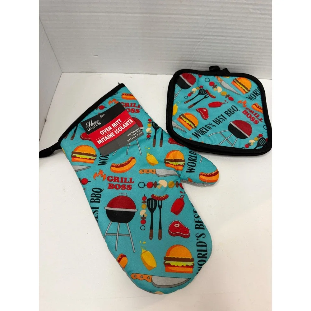 Home Collection Grill Boss BBQ Oven Mitt and Pot Holder Set 3pc Teal NEW